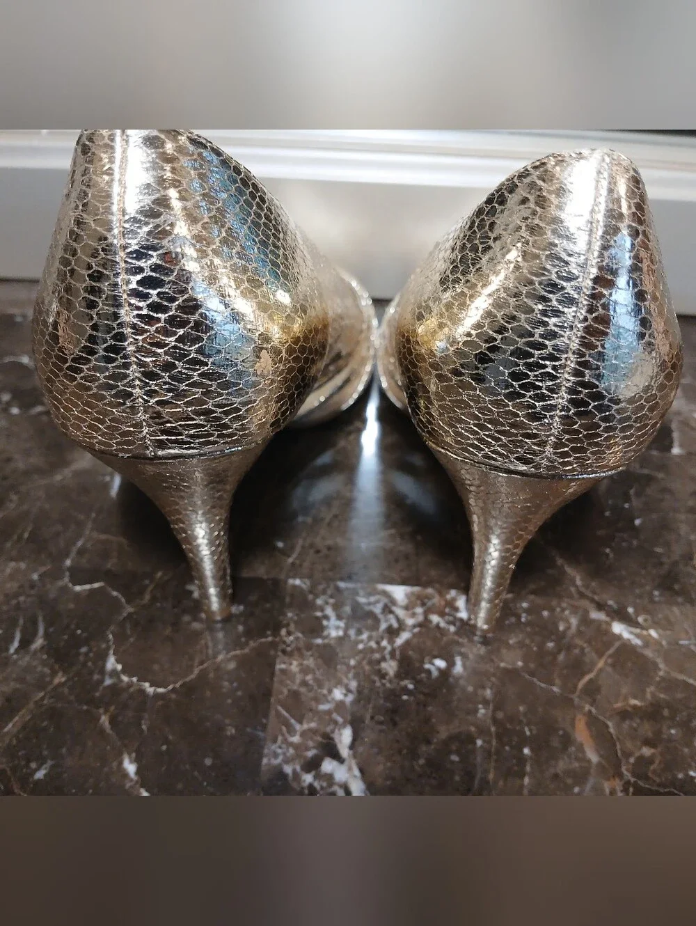 Adrianna Papell Gold Metallic Snake-Texture Peep-Toe Heels